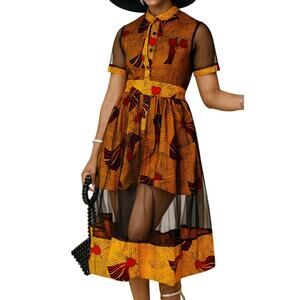 Mae Otti Orange Yellow Valentina African Print Button Mesh Dress sz 2XL NEW Tags